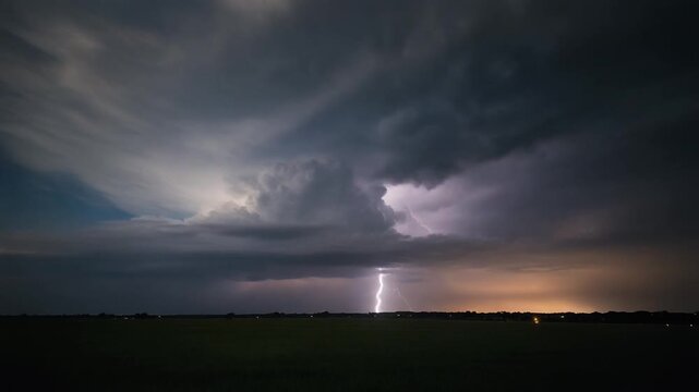 dramatic lightning storm in dark cloudy sky landscape