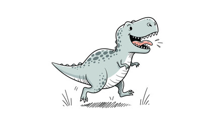 Fototapeta premium Happy cartoon dinosaur running across a white background with a wide open mouth for children playful and fun illustrations.