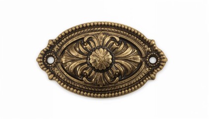 Naklejka premium Antique cast brass drawer pull with ornate floral motif and vintage patina for furniture restoration