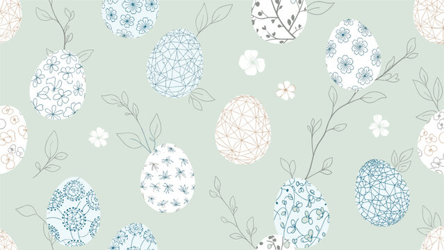 Easter seamless pattern with decorated eggs in floral and geometric patterns on a soft pale green background for holiday cards.