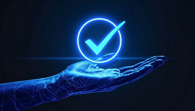 Hand holding a glowing blue checkmark icon, symbolizing digital verification and success.