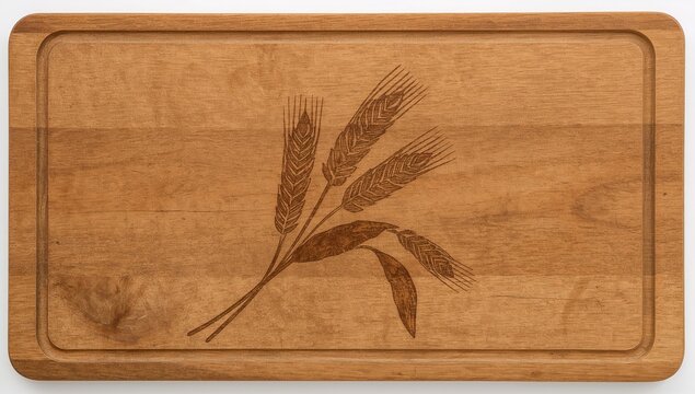 Oldfashioned wooden breadboard with engraved wheat design, knife marks, and rustic wood grain texture