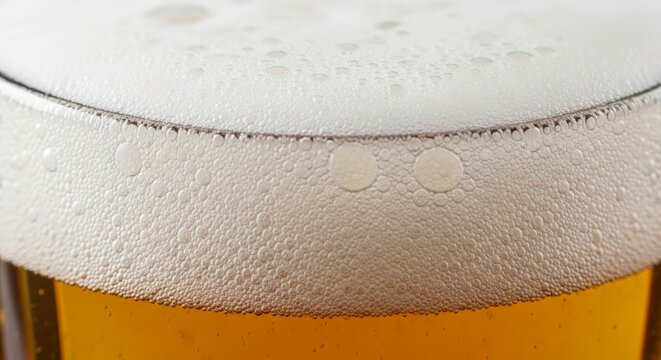 Closeup of beer foam on glass.