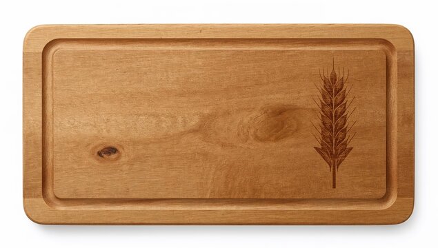 Rectangular wooden breadboard with engraved wheat design, knife marks, and natural wood grain texture