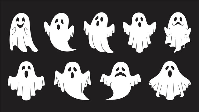 Diverse set of white cartoon ghosts with various spooky and funny facial expressions arranged on a solid black background for Halloween.