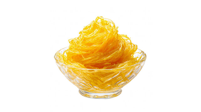 Thai golden sweet threads of Foi Thong dessert elegantly served in a clear glass bowl.