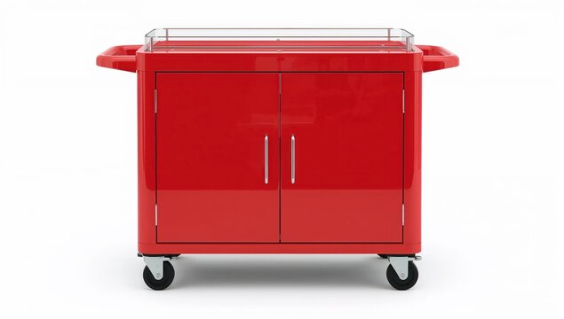 Modern highgloss red kitchen trolley cart with wheels, dual enclosed cabinets, and utensil organizer for home or restaurant use