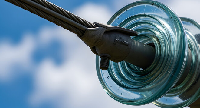Close-up of glass insulator on high voltage power line against blue sky