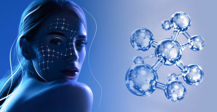 Woman portrait with molecule structure and digital grid highlighting skincare. Concept of cosmetic science, dermatology research, beauty care and advanced treatment.