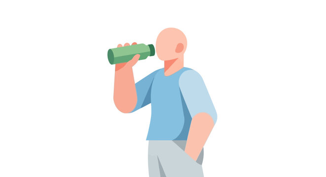 Bald man in casual blue shirt drinking from green bottle, minimalist flat design style, depicting everyday life, hydration concept, simple character