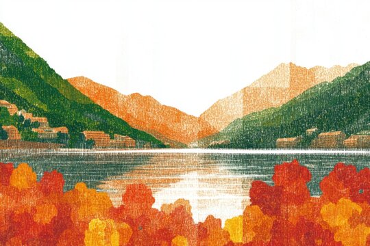 Minimalistic landscape with mountains, lake, and autumn foliage in sgraffito style
