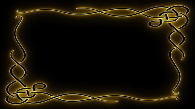 Neon celtic frame. Glowing border. Yellow knotwork. Luxury neon edge. Mystic gold frame. Ornate light box. Fantasy border. Elegant line art. Glowing filigree. Golden knot trim.
