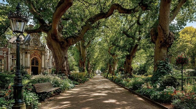 Sun-Dappled Cobblestone Walkway in Lush Historic Urban Park, Flanked by Ancient Plane Trees, Ornate Heritage Building, Classic Cast Iron Street Lamp, Wooden Bench and Vibrant Floral Borders