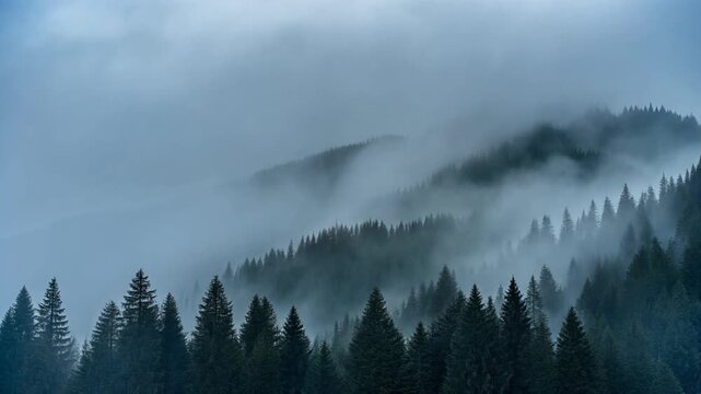 misty foggy forest landscape with evergreen trees