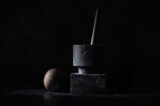 Minimalistic tenebrism art of stone mortar and pestle arrangement