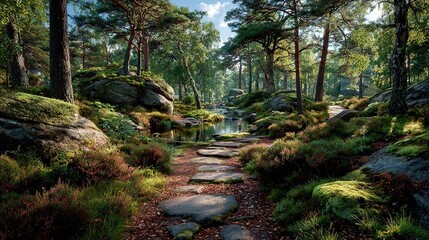 Obraz premium Sun-Dappled Winding Trail Through Lush Pine Forest, Framed by Vibrant Wildflowers and Mossy Boulders, Serene Woodland Landscape for Hiking, Relaxation, Scenic Wall Art, and Background Projects
