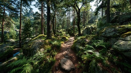 Fototapeta premium Sunlit Pine Forest Hiking Trail with Moss-Covered Rocks, Ferns and Distant Mountain Peaks, Scenic Wilderness Landscape for Outdoor Exploration and Nature Themes