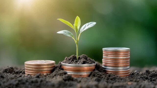 Plant growing from coins in soil with green background