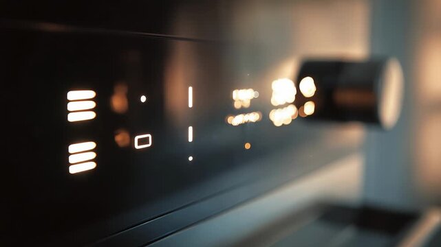 A close-up of a sleek black kitchen appliance control panel; glowing indicators, a circular knob, and reflected amber light create a modern, high-tech vibe
