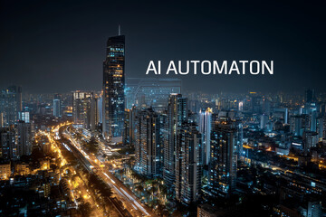 Obraz premium Night view of a modern city with digital overlays showcasing AI Automation and Smart Technologies