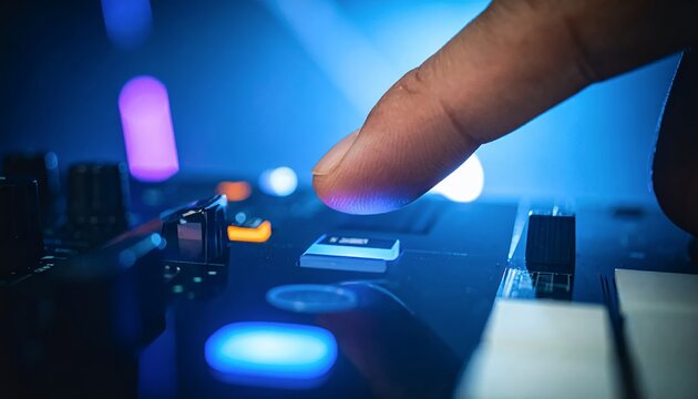 DJs Finger on Turntable Button with Vibrant Blue and Purple Lights.