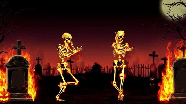Dancing skeletons in haunted graveyard with fire flames, halloween fantasy animation scene, glowing bones at cemetery night, spooky horror celebration background under dark moonlight