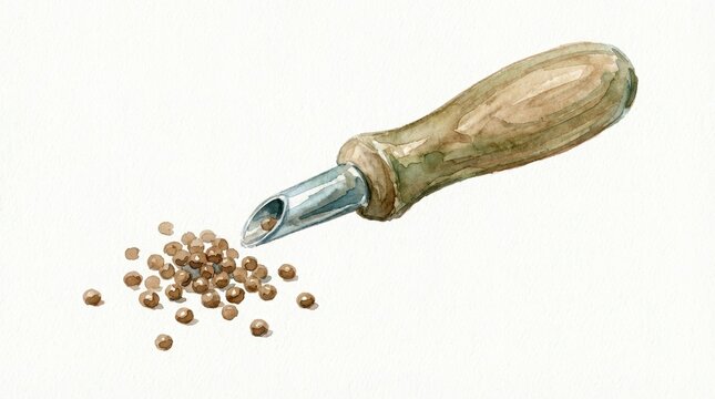 Watercolor artwork depicts a seed sower tool featuring a wooden handle and metal tip Brown seeds scattered on white
