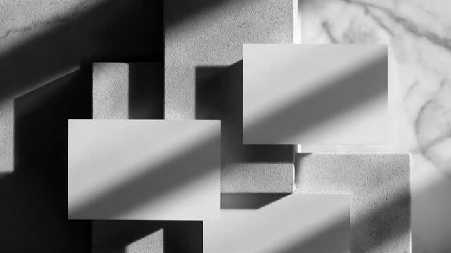 Grayscale arrangement of concrete blocks stacked in a stepped, overlapping pattern; sharp shadows and textured surfaces form a geometric, architectural composition against marble background