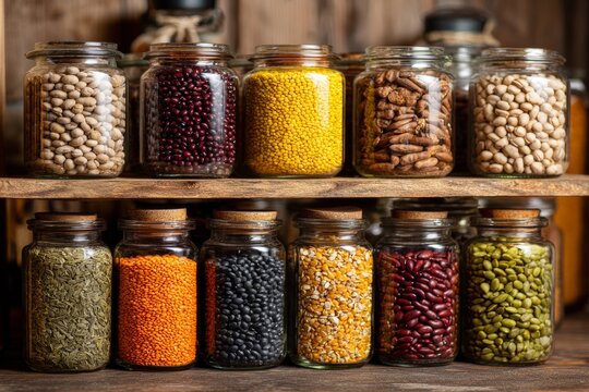 Showcase of Legumes, Beans and Grains in Glass Jars on Wooden Shelf for Healthy Pantry Setup