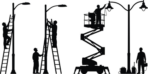 Obraz premium Black silhouette of electricians repairing street lights using ladders and cherry picker lift representing industrial maintenance utility work and professional service