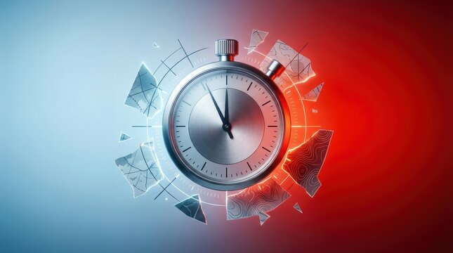 Metallic stopwatch with abstract geometric shards on a split red and blue gradient background