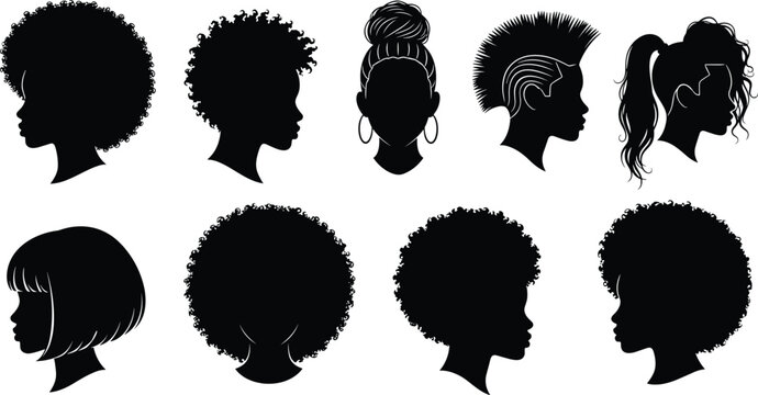 Collection of Black Women's Hairstyle Silhouettes Featuring Afro Textured Hair Mohawk High Bun and Bob Cuts for Beauty and Fashion Design