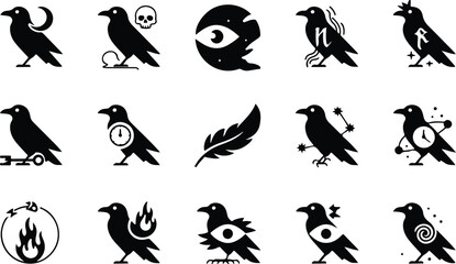 Fototapeta premium Raven Silhouette Icon Collection Set