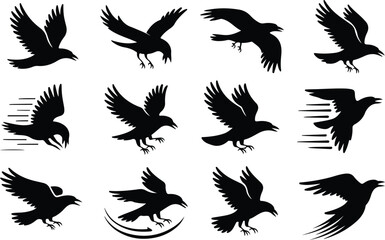 Fototapeta premium Raven Silhouette Icon Collection Set