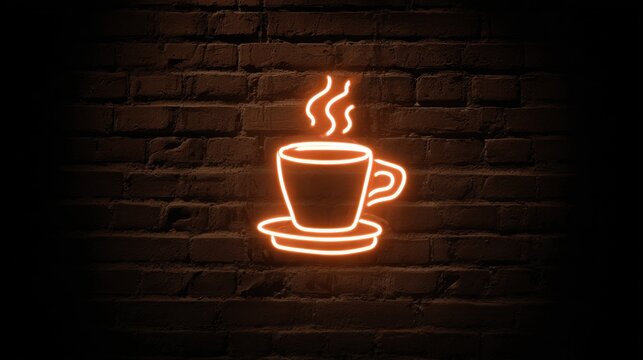 Neon Coffee Cup Sign Glowing on Brick Wall at Night.