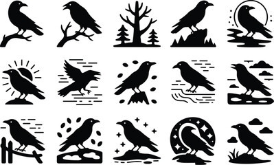 Fototapeta premium Raven Silhouette Icon Collection Set