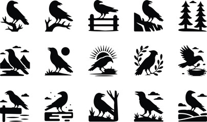 Fototapeta premium Raven Silhouette Icon Collection Set