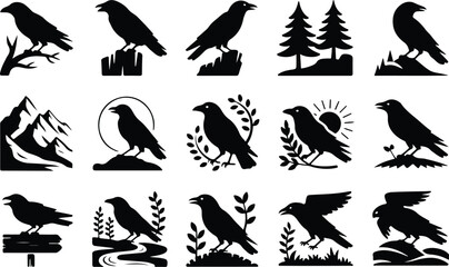 Fototapeta premium Raven Silhouette Icon Collection Set