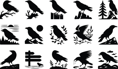 Fototapeta premium Raven Silhouette Icon Collection Set