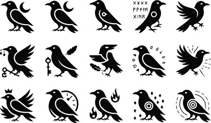 Fototapeta premium Raven Silhouette Icon Collection Set