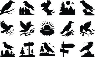 Fototapeta premium Raven Silhouette Icon Collection Set
