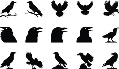 Fototapeta premium Raven Silhouette Icon Collection Set