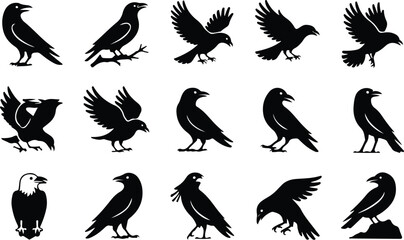 Fototapeta premium Raven Silhouette Icon Collection Set