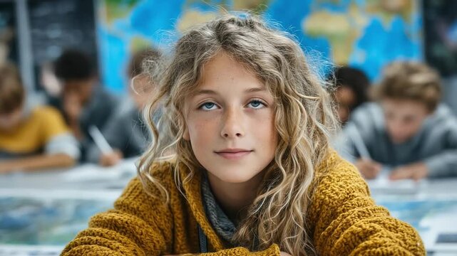 Close-up portrait of a girl with curly blond hair and freckles, wearing a mustard knit sweater. In a blurred classroom behind, peers study at desks beneath a hanging map