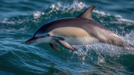 Obraz premium A graceful dolphin leaps from the ocean waves, showcasing its powerful aquatic motion and wild spirit.