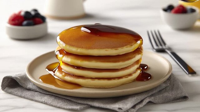 Stack of pancakes with syrup pouring on plate close up
