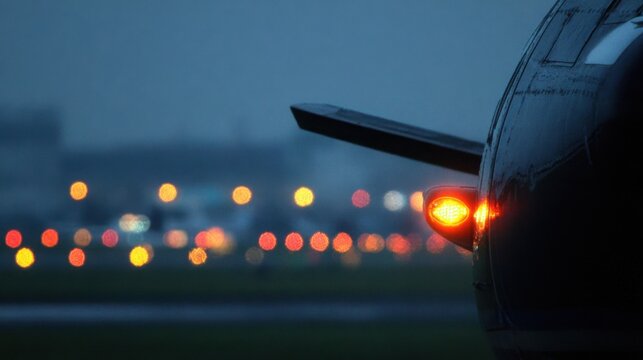 Illuminated flap mechanism on the wing of a landing airplane at dusk