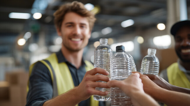 Group of coworkers share ice water bottles and damp towels in overheated warehouse during summer heat emergency while industrial fans blow, ideal for workplace safety, heat illness prevention, and m