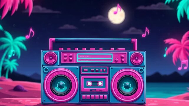 Retro neon boombox on a tropical moonlit beach with palm trees and floating music notes. vibrant synthwave seascape at night, vintage audio and summer nostalgia.