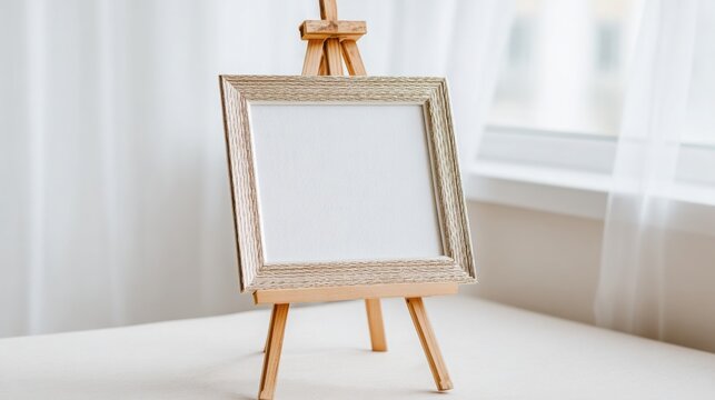 Minimalist wooden easel crafted from light birch wood displaying a blank framed artwork on a table with soft window light.